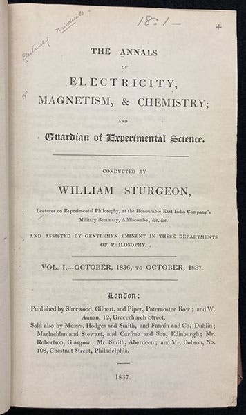 Title page, Annals of Electricity, Magnetism, & Chemistry, “conducted by William Sturgeon”, vol. 1, 1837 (Linda Hall Library)