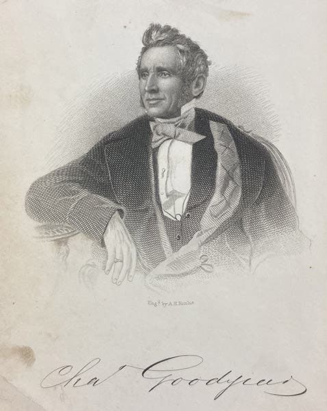 Portrait of Charles Goodyear, steel-engraved frontispiece, Trials of an Inventor: Life and Discoveries of Charles Goodyear, by Bradford K. Peirce, 1866 (Linda Hall Library)