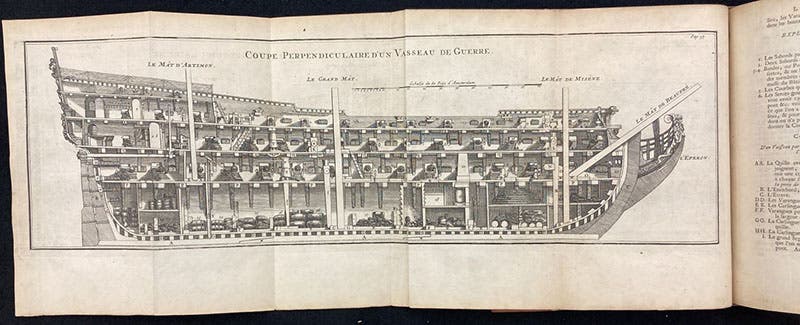 Longitudinal section of a ship of war, showing cannon placement, folding engraving, L'art de batir les vaisseaux, by Nicolaas Witsen et al, p. 37, 1719 (Linda Hall Library)