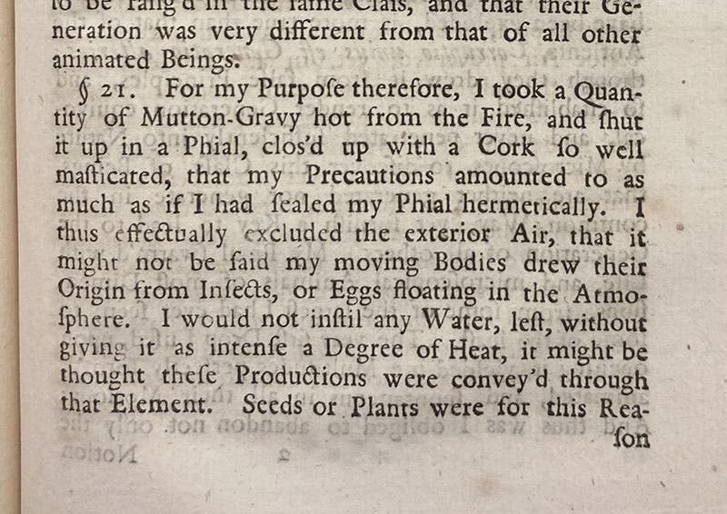 Description of the “mutton-gravy” experiment, “A Summary of some late Observations upon the Generation, Composition, and Decomposition of Animal and Vegetable Substances,” by John Turberville Needham, Philosophical Transactions of the Royal Society of London, vol. 45, p. 637, 1748 (Linda Hall Library)