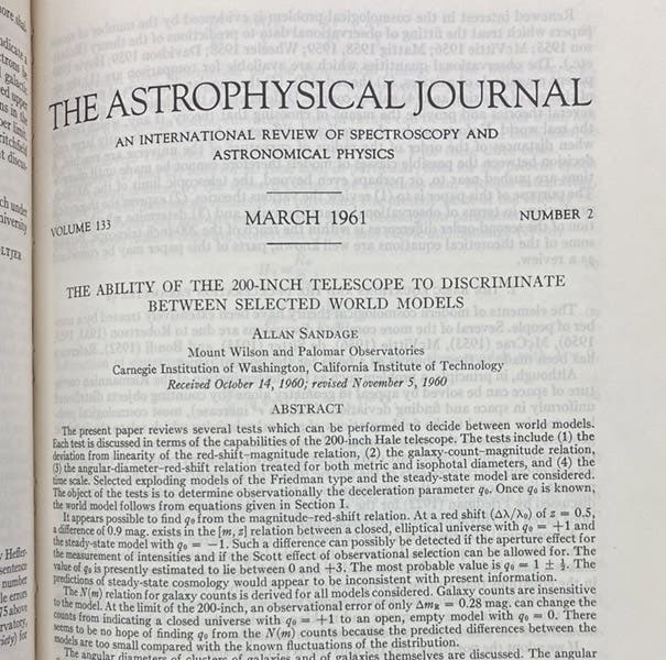 Beginning of article, Sandage, A.R. (March 1961). "The ability of the 200-inch telescope to discriminate between selected world models," Astrophysical Journal, vol. 133(2), p. 355, 1961 (Linda Hall Library)