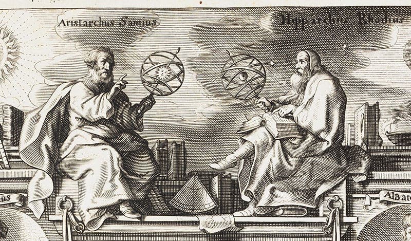 Imagined scene, with Aristarchus of Samos admonishing Hipparchus of Rhodes for his geocentric cosmological stance, detail of top of engraved title page, Tabulae motuum coelestium, by Philippe van Lansbege, 1632 (The Linda Hall)