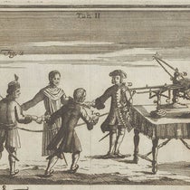 Volunteers joined in a circle to an electrical generator, being operated by Maria Angela Ardinghelli, detail of second engraved plate, Tentamina de causa electricitatis, by Peter Johann Windler, 1747 (Linda Hall Library)
