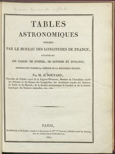 Title page, Tables astronomiques … contenant les tables de Jupiter, de Saturne et d'Uranus, by Alexis Bouvard, 1821 (Linda Hall Library)
