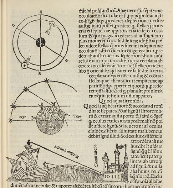 Three woodcuts, the top one being the source of the design on the tooled binding (eighth image), Sphaera mundi, by Johannes de Sacrobosco, publ. by Octavius Scotus, 1490 (Linda Hall Library)