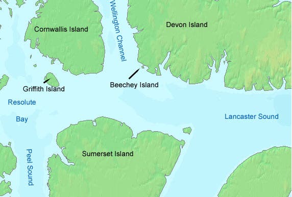 Another modern map of the central region of the Arctic archipelago, identifying Beechey Island, where the 3 graves were found (Wikimedia commons)