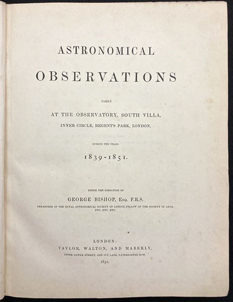 Title page, Astronomical Observations … During the Years 1839-51, by George Bishop, 1852 (The Linda Hall)