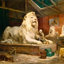 Sir Edwin Landseer, showing Landseer at work on one of his colossal lion sculptures, by John Ballantyne, oil on canvas, ca 1865, National Portrait Gallery, London (npg.org.uk)