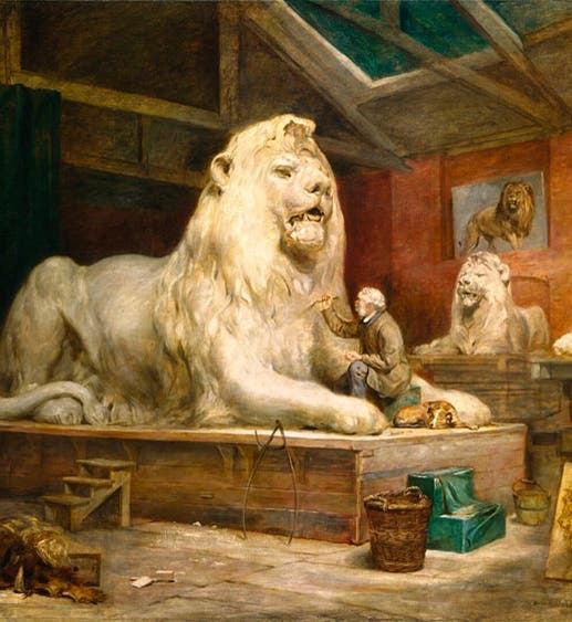 Sir Edwin Landseer, showing Landseer at work on one of his colossal lion sculptures, by John Ballantyne, oil on canvas, ca 1865, National Portrait Gallery, London (npg.org.uk)