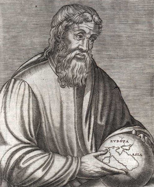 Portrait of Strabo, engraving, cropped from page in Les vrais pourtrait & vies des hommes illustres, by André Thevet, vol 1, p 76, 1584 (Wikimedia commons)
