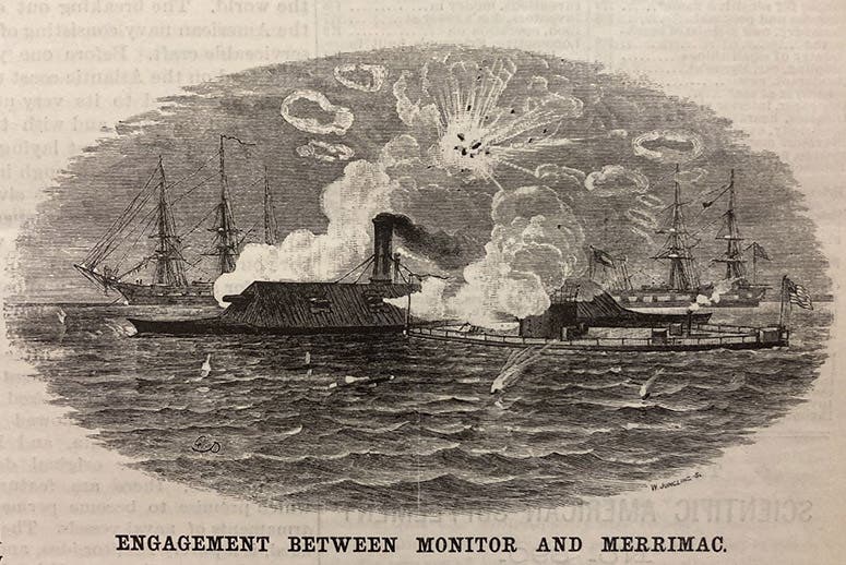 Battle of the USS Monitor and the CSS Merrimac (Virginia), 1862, wood engraving, Scientific American, vol. 60(12), p. 175, Mar. 23, 1889 (The Linda Hall)
