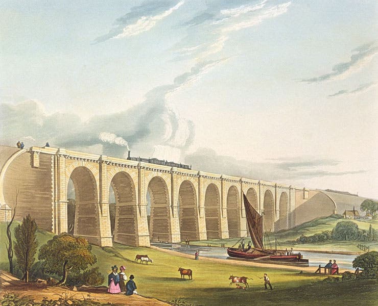 The Sankey viaduct, where the Liverpool and Manchester Railway crossed the Sankey canal, aquatint in Coloured Views on the Liverpool and Manchester Railway, by Thomas Talbot Bury, plate 4, 1831 edition (Wikimedia commons)