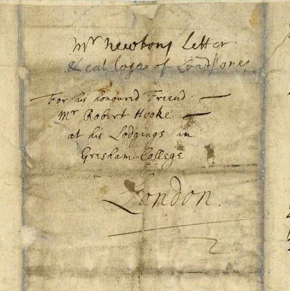 Address from Isaac Newton to Robert Hooke, Feb. 5, 1675/76, on verso of letter, Historical Society of Pennsylvania (digitallibrary.hsp.org)