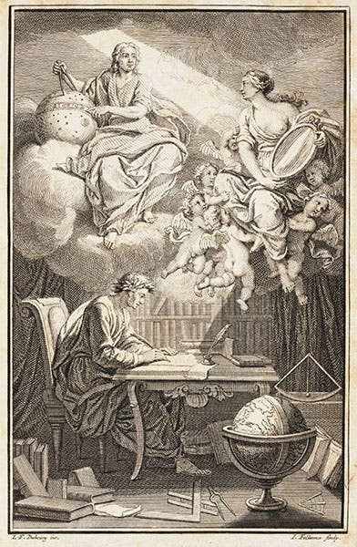 Frontispiece, Élémens de la philosophie de Neuton: mis à la portée de tout le monde, by Voltaire, 1738; Émilie du Châtelet is possibly represented by the woman holding the mirror (The Linda Hall)
