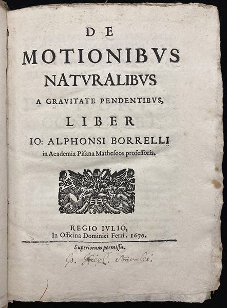 Title page, De motionibus naturalibus, by Giovanni Alfonso Borelli, 1670 (Linda Hall Library)