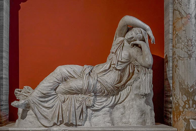 Sleeping Ariadne (known as Cleopatra in the Renaissance), marble sculpture, 2nd c. CE Roman copy of a Greek original, acquired by Pope Julius II in 1512 and added to the Belvedere collection; now in Pio-Clementino Museum, Rome, part of the Vatican Museums (Wikimedia commons)
