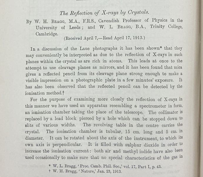 First paragraph, “The Reflection of X-rays by Crystals,” by William H. and W. Lawrence Bragg, Proceedings of the Royal Society of London, vol. 88, p. 428 (Linda Hall Library)