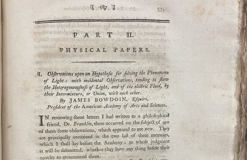 First paragraph of James Bowdoin’s first paper (of three in this volume), on the phenomenon of light, Memoirs of the American Academy of Arts and Sciences, 1785, vol. 1, p. 187 (Linda Hall Library)