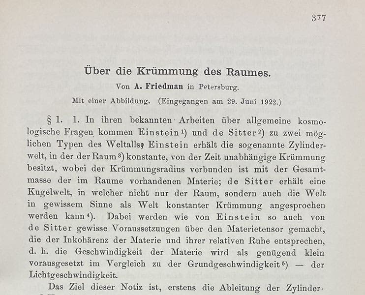 Opening paragraph of Alexander Friedmann’s first paper of 1922, where the names of Einstein and Willem de Sitter are mentioned, " Zeitschrift für Physik, vol 10, 1922 (Linda Hall Library).