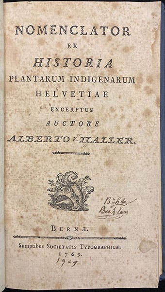 Title page, Nomenclator ex Historia plantarum indigenarum Helvetiae, by Albrecht von Haller, 1768 (The Linda Hall)