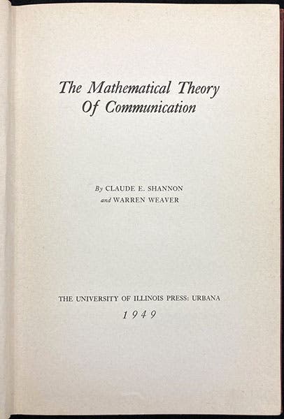 Title page, The Mathematical Theory of Communication, by Claude E. Shannon and Warren Weaver, 1949 (Linda Hall Library)