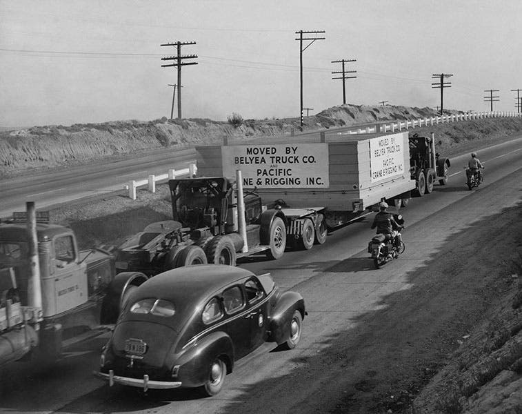 Crated disc being trucked from Pasadena to Palomar, photograph, 1948, Caltech archives (astro.caltech.edu)