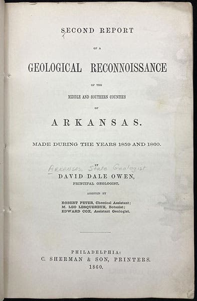 Title page, Second Report of a Geological Reconnoissance … of Arkansas, by David Dale Owen. 1860 (Linda Hall Library)
