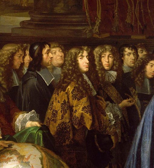 Most of the first 16 members of the Academie des Sciences, with Jean Dominique Cassini at center and Christiaan Huygens just to his right, detail of Colbert Presenting the Academie of Sciences to Louis XIV in 1667, oil on canvas, by Henry Testelin, 1675?, Versailles (Wikimedia commons)