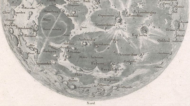 Northern hemisphere of the Moon (north is down), detail of Réduction de la grande carte de la lune de J. Dom. Cassini, broadside engraving, by Jean-Dominique, comte de Cassini, 1788 (Linda Hall Library)