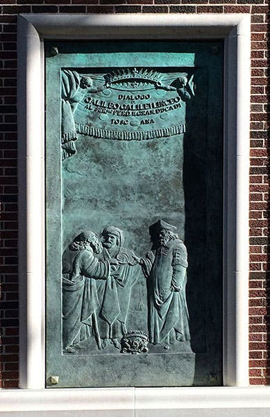 Bronze panel no. 4, based on the engraved frontispiece of Dialogo, by Galileo Galilei, with Aristotle, Ptolemy, and Copernicus in conversation; cast by Bruno Bearzi, 1967, west exterior annex wall, Linda Hall Library
