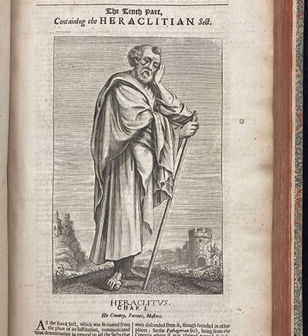 Heraclitus, imagined portrait, engraving by William Faithorne, A History of Philosophy, by Thomas Stanley, 2nd ed., p 737, 1687 (The Linda Hall)