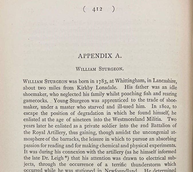 Beginning of eight-page biography of William Sturgeon, The Electromagnet, and Electromagnetic Mechanism, by Silvanus P. Thompson, 1891 (Linda Hall Library)