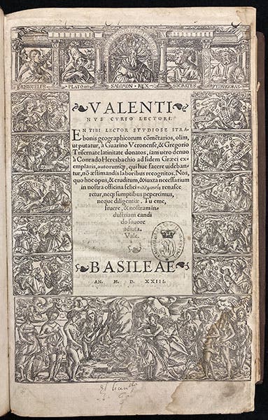 Title page of Strabonis geographicorum, with the name of the printer, Valentinus Curio of Basel, overshadowing that of Strabo, 1523; woodcut border by Hans Holbein (The Linda Hall)