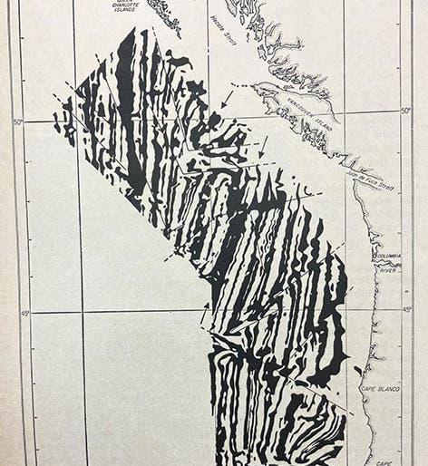 Magnetic field anomalies southwest of Vancouver Island, northeast Pacific Ocean, east and west of the Juan de Fuca ridge, illustrating the Vine-Matthews-Morley hypothesis, in “Spreading of the ocean floor: New evidence,” by F. J. Vine, Science, vol. 154, p.1406, 1966 (Linda Hall Library)