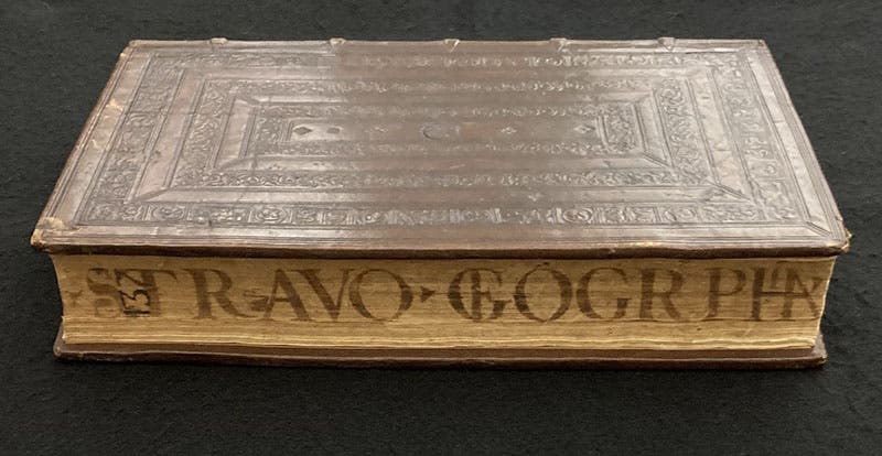 Binding and fore-edge label, Strabonis geographicorum, 1523 (The Linda Hall)