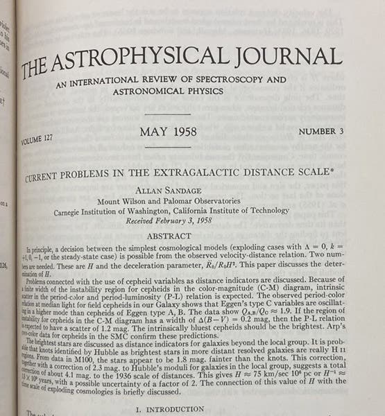 Beginning of article, "Current problems in the extragalactic distance scale," by Allan Sandage, Astrophysical Journal, vol. 127(3), p. 513, 1958 (Linda Hall Library)