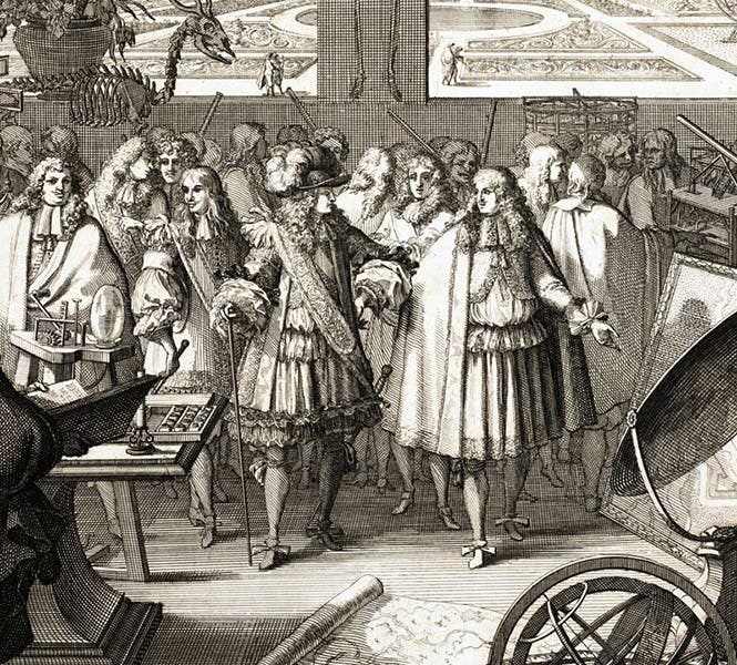 King Louis XIV (left, with hat) and Jean-Baptiste Colbert (right), with Claude Perrault behind and in between, detail of fifth image, Mémoires pour servir à l'histoire naturelle des animaux, by Claude Perrault, 1676 (Linda Hall Library)