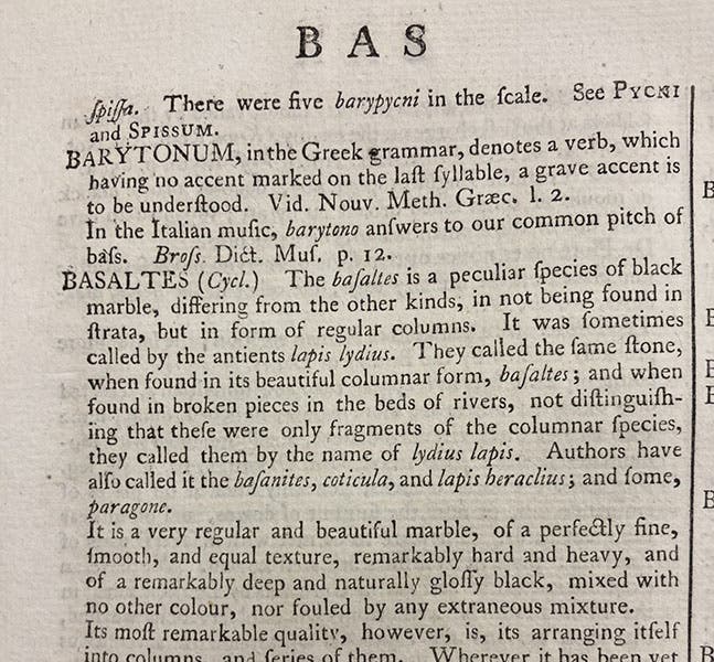 Beginning of entry on “Basaltes,” A Supplement to Mr. Chambers's Cyclopaedia: or, Universal Dictionary of Arts and Sciences, ed. by John Hill et al., vol. 1, 1753 (Linda Hall Library)
