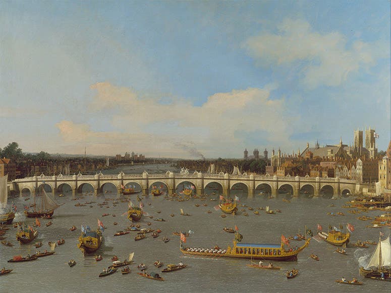 Westminster Bridge, with the Lord Mayor's Procession on the Thames, oil on canvas, by Canaletto, 1747, Yale Center for British Art (Wikimedia commons)