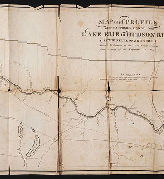 Segment of proposed map of Erie Canal route, showing section from Hudson River to Utica, from Official Report of the Canal Commissioners, 1817; the ”lockage” or drop in elevation is shown in a line graph at the top (The Linda Hall)