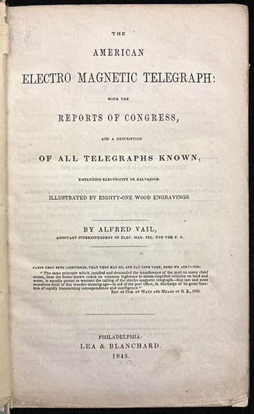 Title page, The American Electro Magnetic Telegraph, by Alfred Vail, 1845 (The Linda Hall)