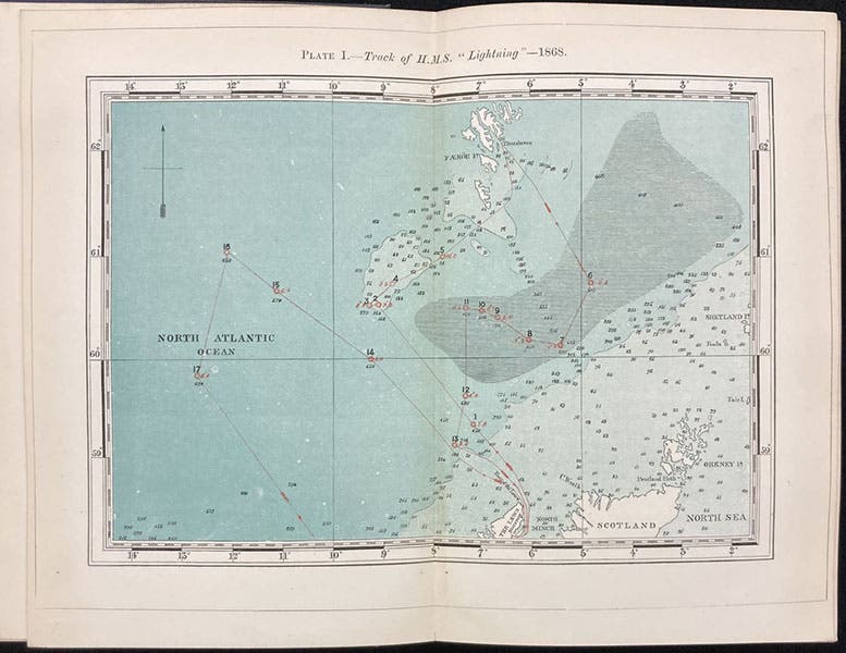 Map of the cruise of HMS Lightning, 1868, in the sea north of Scotland, colored engraving, in The Depths of the Sea, by Charles Wyville Thomson, p. 58, 1873 (Linda Hall Library)