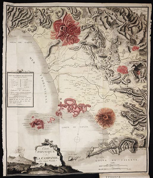 Map of volcanic regions in Campania, Italy, hand-colored, fold-out engraving, Voyages physiques et lythologiques dans la Campanie, by Scipione Beislak, vol 1, plate 1, p. 1, 1801 (The Linda Hall)