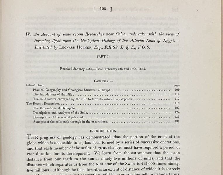First paragraph, “An account of some recent researches near Cairo…,” by Leonard Horner, Philosophical Transactions of the Royal Society of London, vol. 145, p. 105, 1855 (Linda Hall Library)