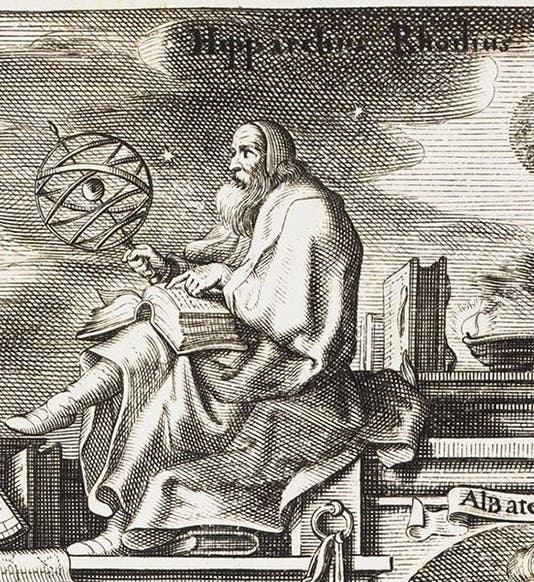 Imagined portrait of Hipparchus, detail of top right of Tabulae motuum coelestium, by Philippe van Lansbege, 1632 (The Linda Hall)
