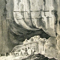 Detail of ruins at Canyon de Chelly, lithograph after drawing by Richard Kern, Reconnaissances of Routes from San Antonio to El Paso ... and the Report of Lieut. J. H. Simpson of an Expedition into Navajo Country, p. 53, 1850 (Linda Hall Library)