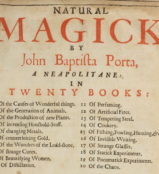 Detail of the letterpress title page with its table of contents, Natural magick, by Giovanni Battista della Porta, 1658 (Linda Hall Library)