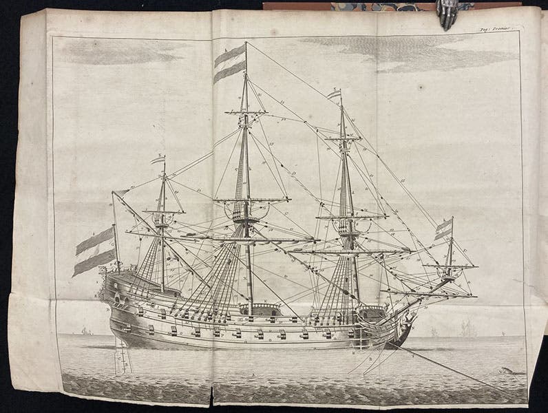 A ship of war, with every gun and block identified, engraved frontispiece, L'art de batir les vaisseaux, by Nicolaas Witsen et al, 1719 (Linda Hall Library)