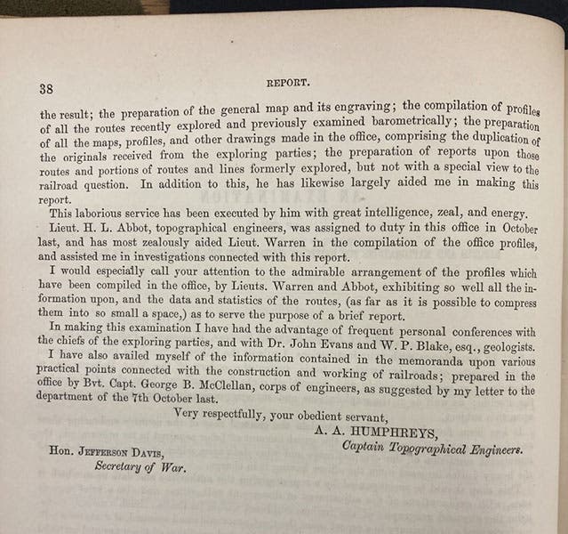 Second and last page of the introduction to vol. 1 of the Pacific Railroad Reports, signed by Andrew A. Humphreys, thanking his cartographers and assistants, 1855 (Linda Hall Library)