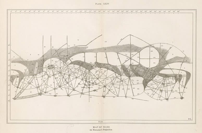 Map of Mars, Mercator projection, folding plate in its entirety, drawn by Percival Lowell, in Mars, plate 24, 1895 (Linda Hall Library)